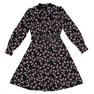 Modcloth Floral Belted A Line Dress Women 6 Black High Neck Cut Outs Long Sleeve